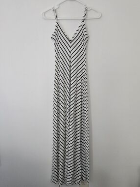 Iris Soft Stretchy Striped Black & White Maxi Dress - V-Neck Spaghetti Strap